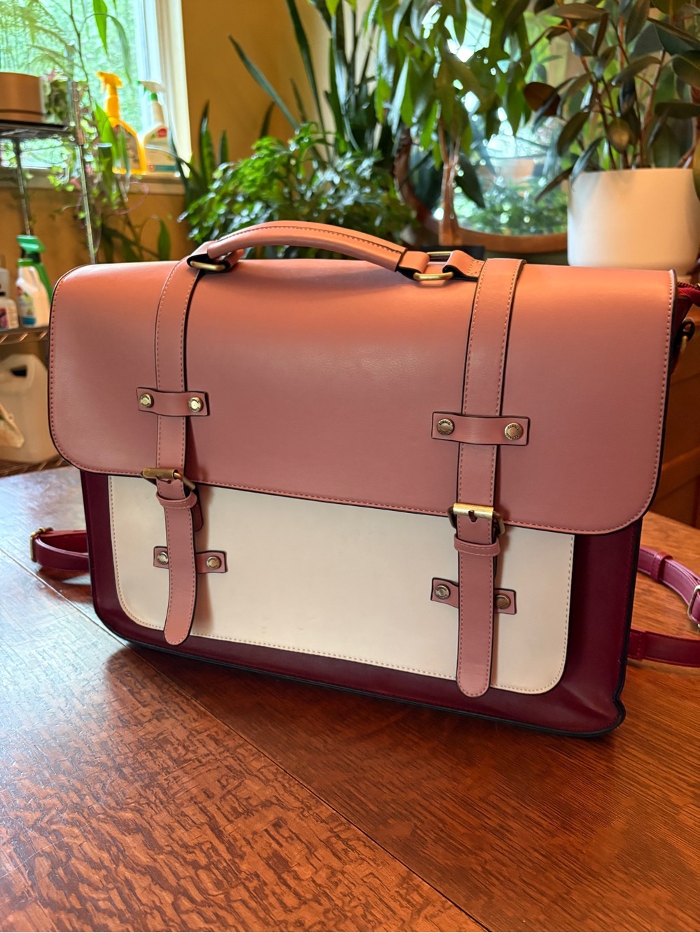 Ecosusi Pink and Cream Women’s Leather Satchel Bag